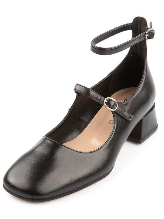 Fardoulis Leather Black Low Heels with Strap