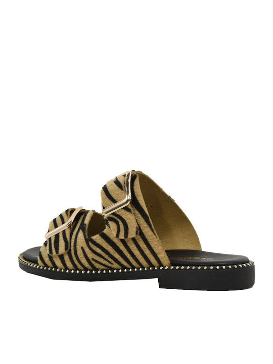 Leather Women's Flat Sandals Brown 145+Zebra Leather