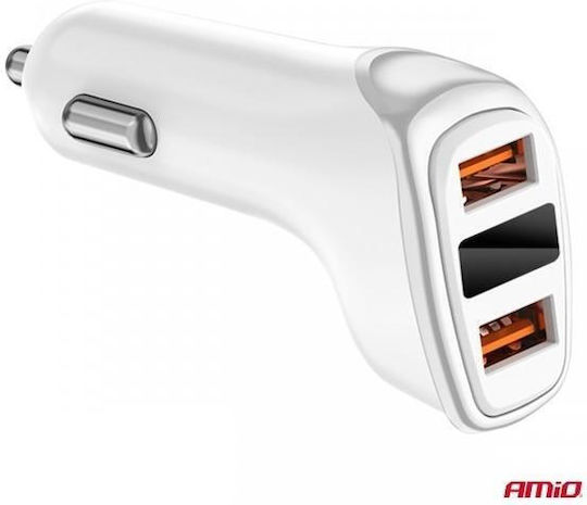 AMiO Car Charger 15.5W 3.1A with Ports: 2xUSB with Cable Embedded and Voltmeter White Color
