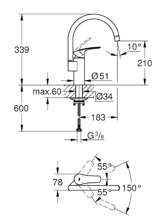Grohe Eurosmart Mixer Standing Kitchen Swivel Spout 339 Mm Matte Black