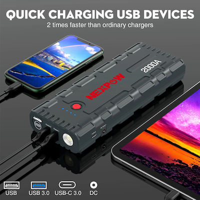 Nexpow Tragbar Autobatterie-Starter 12V mit Power Bank,Powerbank / USB / Φακό