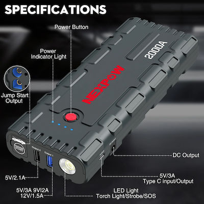 Nexpow Tragbar Autobatterie-Starter 12V mit Power Bank,Powerbank / USB / Φακό