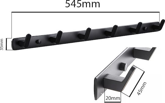 Metal Wall Hanger 6 Hooks Black 54.5x3.5cm