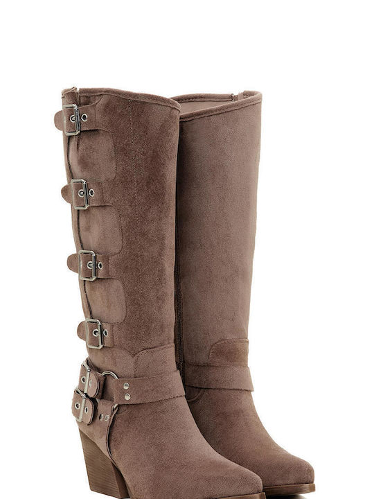 Beige Western Boots with Decorative Buckles