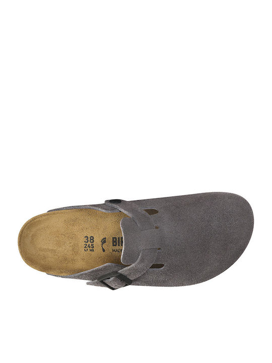 Boston Suede Ανατομικές Δερμάτινες Γυναικείες Παντόφλες Γκρι