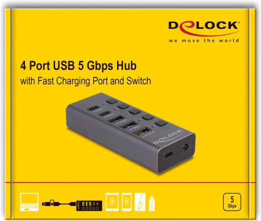 DeLock Hub 5 Ports USB 3.0 with USB-A / USB-C Connection Gray