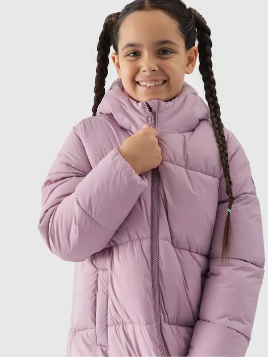 Daunen-Kinderjacke Gesteppt Lang mit Kapuze Lila