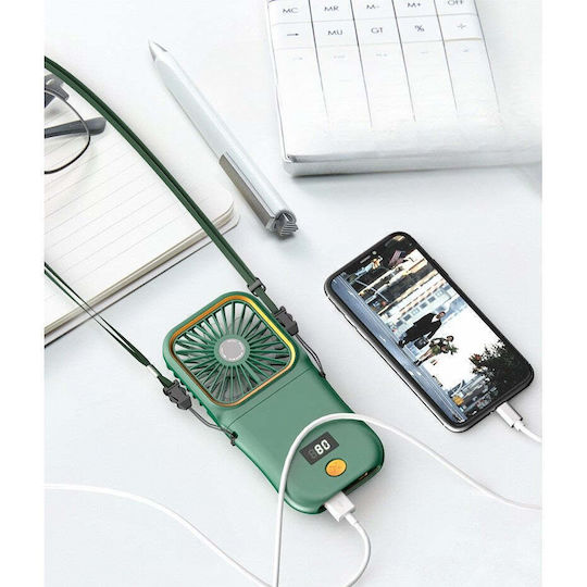 Portable Flippy Fan 3 In 1 Handheld Neck Desk 16.7 X 8 X 1.9 Cm 3 Speed Levels Usb Charging Foldable Digital Display Phone Holder Green
