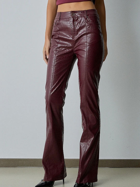 BSB Women's Leather Trousers Flare in Regular Fit Bordeaux