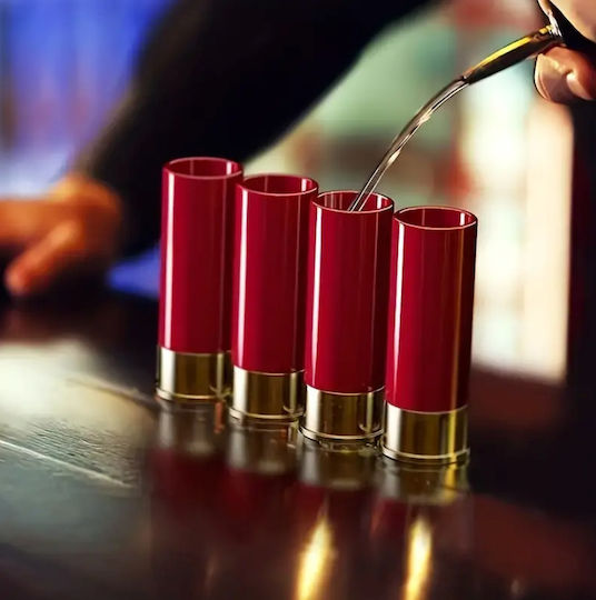 Set 4 Bullet-Shaped Shot Glasses Zola Plastic 9x3.5 Cm Red Golden