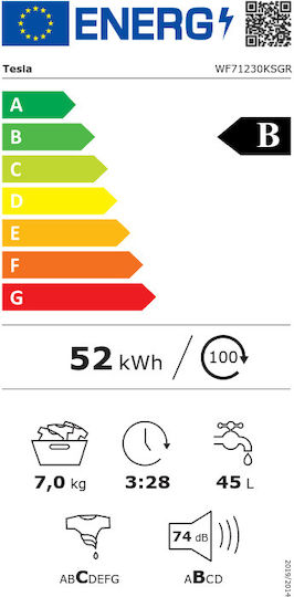 Tesla Πλυντήριο Ρούχων 7kg με Τεχνολογία Ατμού 1200 Στροφών WF71230KSGR