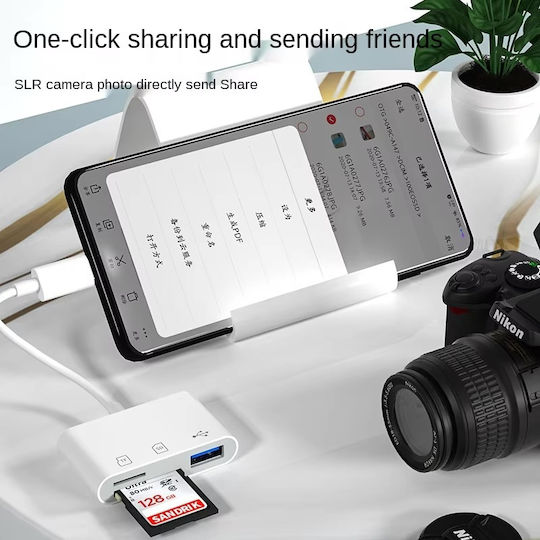 3 In 1 Type C To USB Card Reader Type-C for SD/microSD White