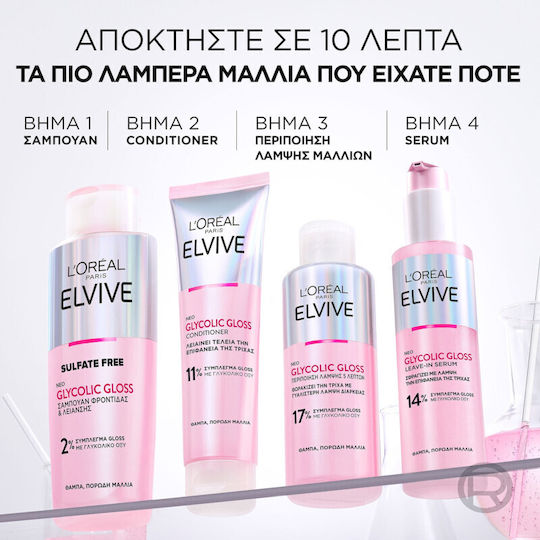 L'Oreal Paris Elvive Glycolic Gloss Hair Care Set for Shine for Frizzy Hair with Shampoo, Mask and Conditioner 4pcs