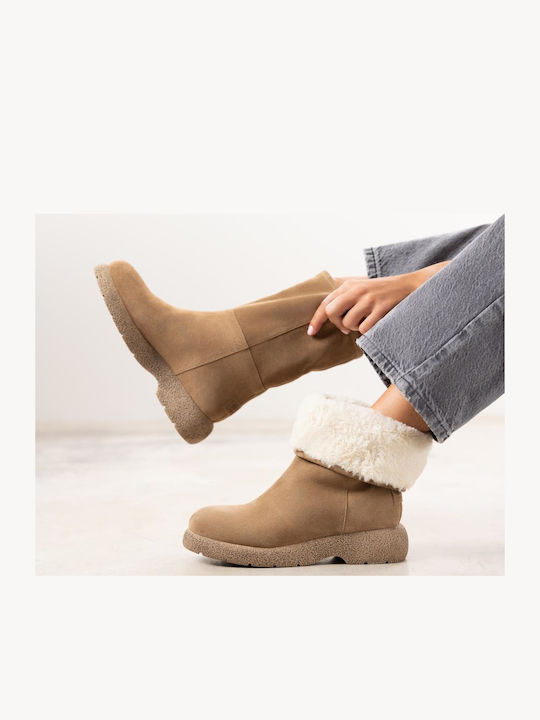Leather Women's Ankle Boots with Fur Taupe