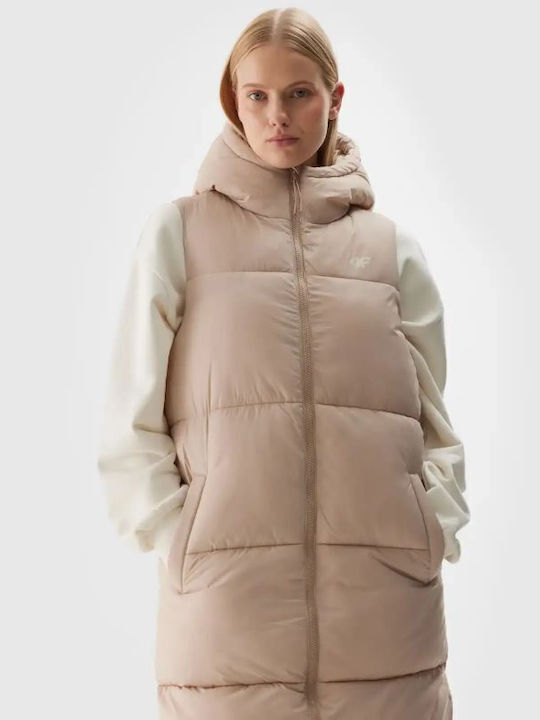 Women's Long Puffer Jacket for Winter with Hood Beige