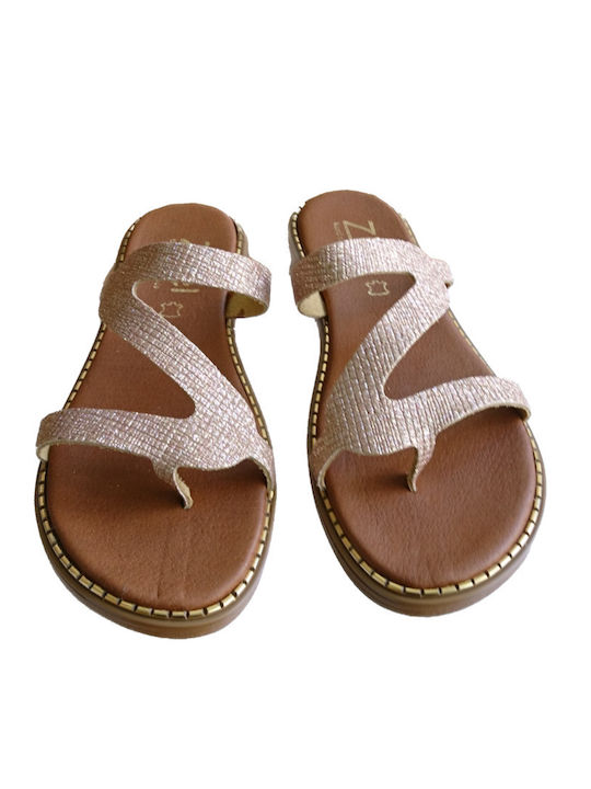 Leather Women's Flat Sandals in Gold Color