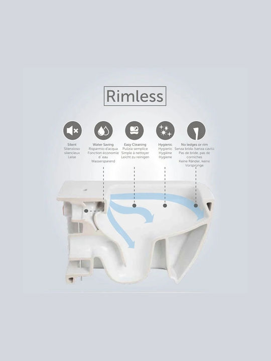 Rak Ceramics DESWC1446AWHA-DESSC3901WH Wall-Mounted Toilet Rimless with Flush with Cover Duroplast Soft Close White 5056176034429