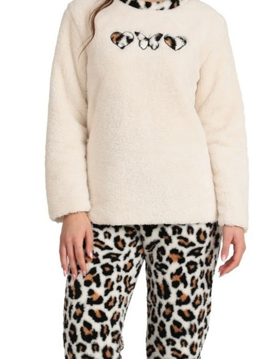 Lydia Creations Χειμερινό Γυναικείο Σετ Πιτζάμας Fleece Εκρου