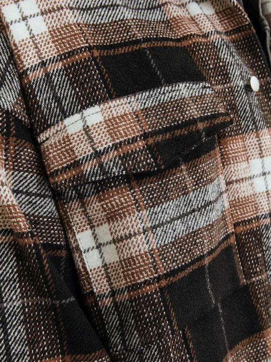 Overshirt Flanelă Mânecă Lungă Carou Negru Regular Fit