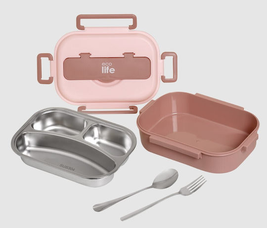 Ecolife Cutlery Cutie de Prânz Inox Roz Cu Compartimente 1lt
