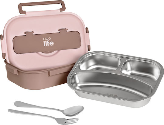 Ecolife Cutlery Cutie de Prânz Inox Roz Cu Compartimente 1lt