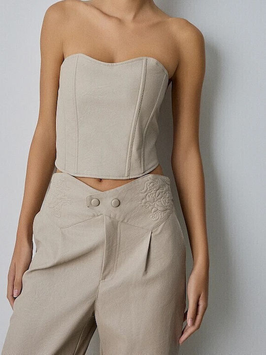 Damen Crop Top Leder Grey/Beige