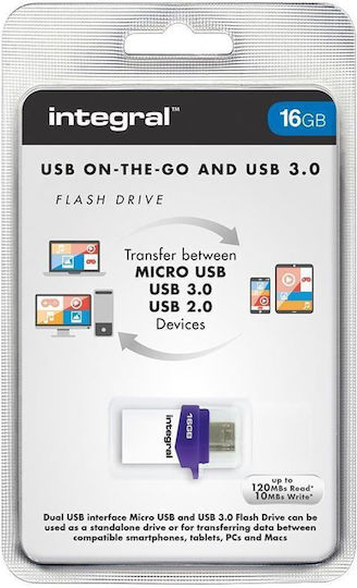 Integral Micro Fusion OTG 16GB USB 3.0 Stick με σύνδεση USB-A & micro USB-B Μωβ