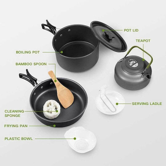 Queta 5124620 Camping Cookware Set 10 Pieces Portable Tableware Set Aluminum No Bra Cooking Outdoor Set FDA Certification Consisting of Pot Pan Kettle Various Cooking Accessories Ideal for Travel Camping Caravans
