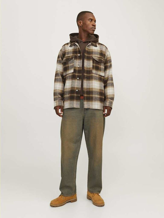 Дълъг Ръкав Фланелена Overshirt с Прекалено Голяма Линия Каре Кафяв