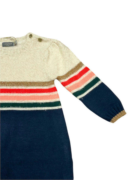 Mädchenkleid Langärmelig Gestrickt Gestreift Weiß, Bunt, Gold