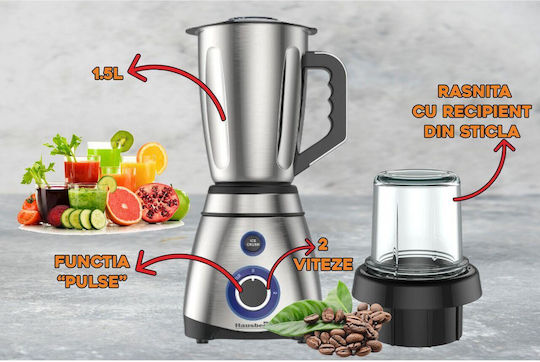 Hausberg Μπλέντερ με Πλαστική Κανάτα 1.5 lt 600W Inox HB7763