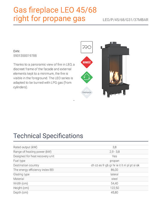 Kratki Leo P 45 68 G31 37 MBAR Gas Fireplace Insert with Right Corner Window 3.8kW