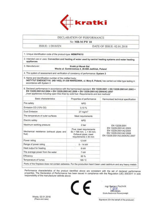 Kratki MBM PW 10 L BS W Kaminofen Holz Heizkörper 12kW Linke Ecke mit einer zu öffnenden Tür Geschlossenes Ausdehnungsgefäß