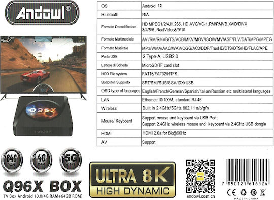 Andowl TV Box Q96X Q96X 4K UHD με WiFi 4GB RAM και 64GB Αποθηκευτικό Χώρο με Λειτουργικό Android 10.0