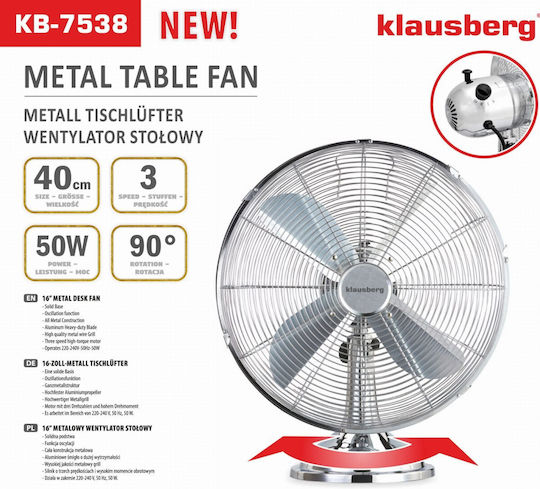 Klausberg Tabletop Fan 50W with 41cm Diameter Silver