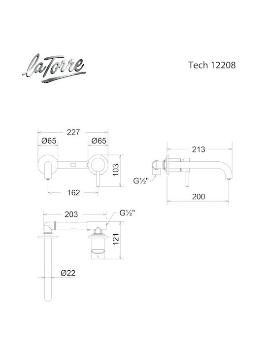 La Torre New Tech Built-in Mixer & Spout Set for for Bathroom Sink 1 Exit Inox Silver 2 Holes