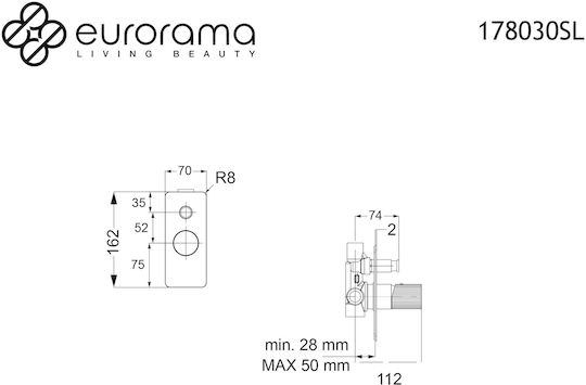 Eurorama Μίκτης Μπαταρίας Εντοιχισμού για Ντουζιέρα 2 Εξόδων Χρυσός