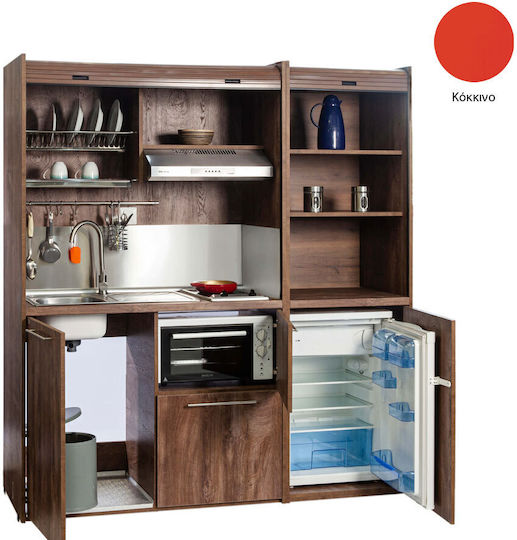 Silver KΣ190 KΣ190-FOU-Red Kitchenette with Right Sink Bowl 190x65x209cm Red with Small Refrigerator