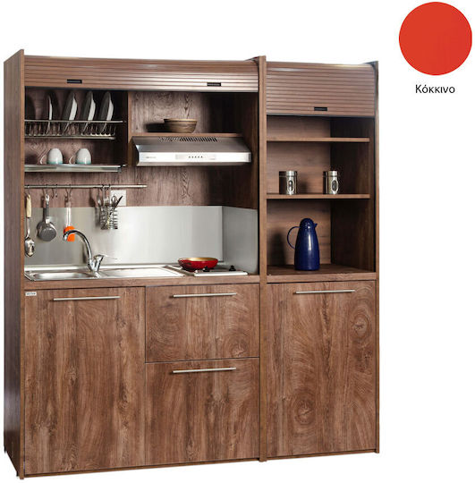 Silver KΣ190 KΣ190-FOU-Red Kitchenette with Right Sink Bowl 190x65x209cm Red with Small Refrigerator