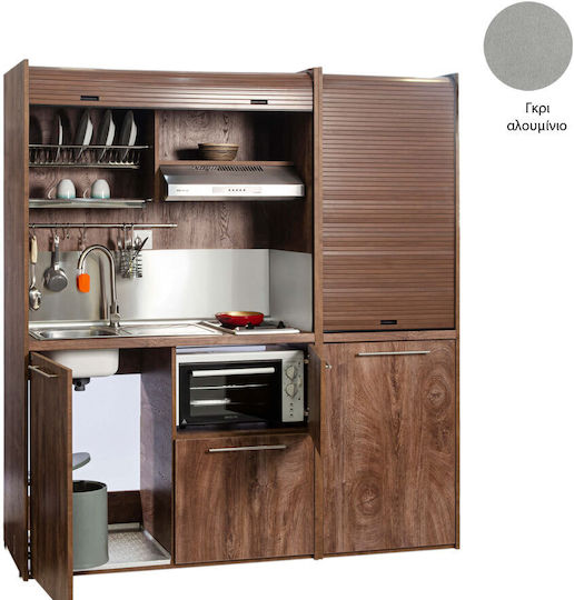 Silver K190 K190-FOU-GRE-Aluminum Kitchenette with Right Sink Bowl 190x65x209cm Gray Aluminum with Small Refrigerator