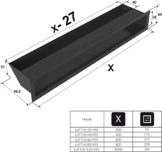 Kratki Rectangular Fireplace Air Shutter Inox 80x6cm