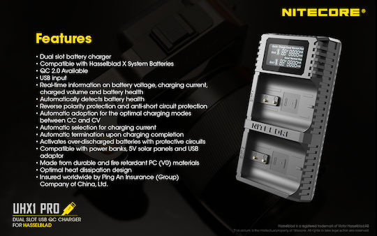NiteCore Dublu Încărcător de baterii UHX1 Pro Compatibil cu Hasselblad