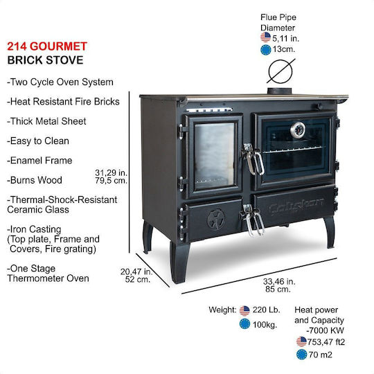 Caliskan 214 With Storage Drawer Steel Wood Stove with Oven 6.4kW Gray