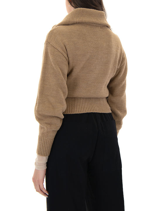 Short Women's Knitted Cardigan with Zipper Brown