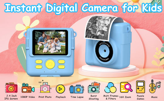 Lamtech Kid Instant Παιδική Φωτογραφική Μηχανή 2MP με Θερμική Εκτύπωση Γαλάζια