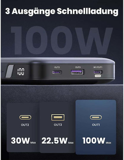 Ugreen PB720 Power Bank 20000mAh 100W με Θύρα USB-A και 2 Θύρες USB-C Power Delivery / Quick Charge 2.0 / Quick Charge 3.0 Γκρι