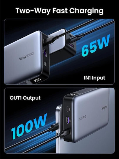Ugreen PB720 Power Bank 20000mAh 100W με Θύρα USB-A και 2 Θύρες USB-C Power Delivery / Quick Charge 2.0 / Quick Charge 3.0 Γκρι