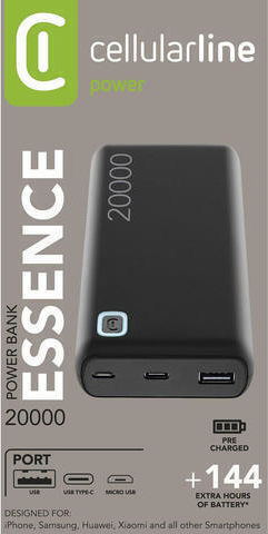 Cellular Line Essence Power Bank 20000mAh 12W mit USB-A Anschluss Schwarz