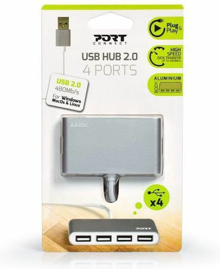 Port Designs Hub 4 Θυρών USB 2.0 με σύνδεση USB-A Ασημί