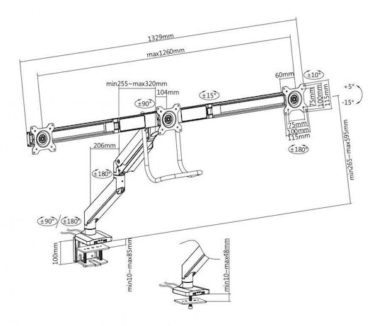 White Shark Rhamses III Βάση Γραφείου για 3 Οθόνες με Βραχίονα